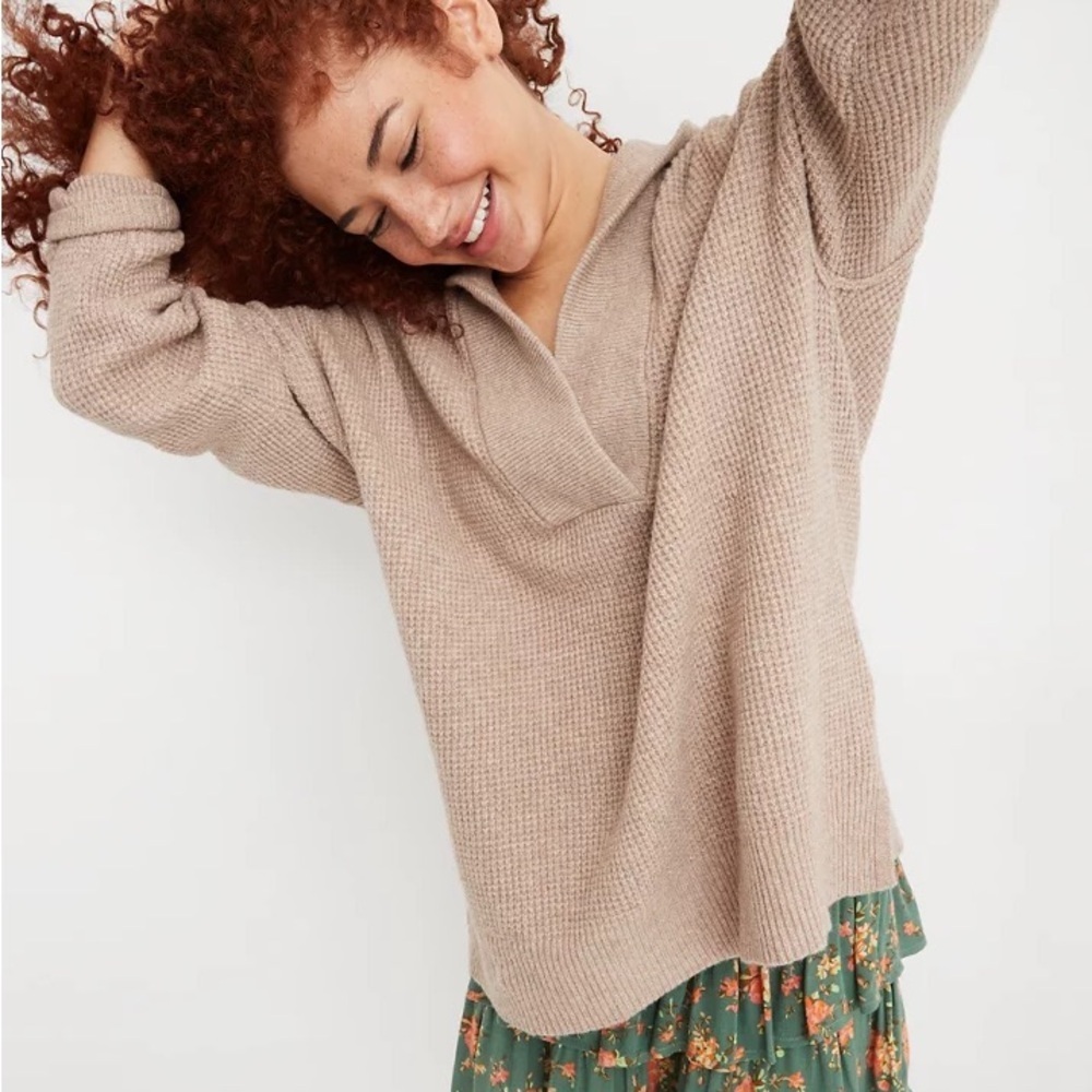 Aerie cozy up to waffle V-Neck Sweater in Warm Tan
